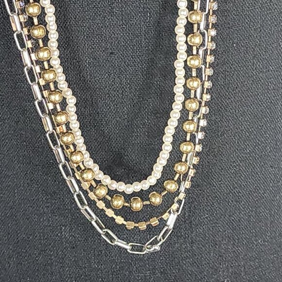 Chico's Silver Gold White Faux Pearl Crystal Ball Chain Box Link 36" Necklace - Picture 7 of 16